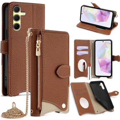 Funda Cuero Samsung Galaxy A35 5G Cadena Cruzada Diseño Cola de Pez (Marrón)