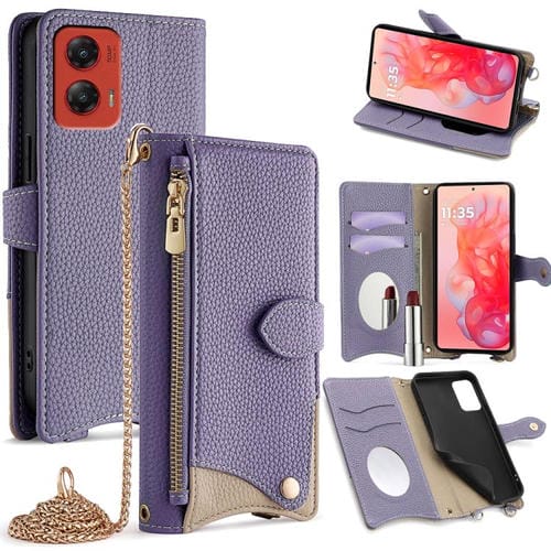 Funda de Cuero con Diseño de Lichi y Cadena Cruzada para Motorola Moto G Stylus 5G (2024) (Morado)
