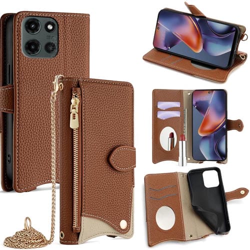 Funda de Cuero Motorola Moto G 2025 con Cadena Cruzada y Diseño Cola de Pez (Marrón)