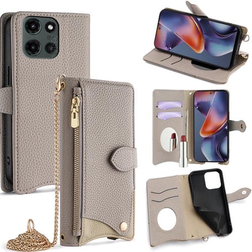 Funda de Cuero con Cadena Cruzada y Diseño Cola de Pez para Motorola Moto G 2025 (Gris)