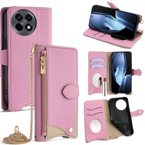 Funda de Cuero con Cadena Cruzada y Cola de Pez para OnePlus Ace 5 y Ace 5 Pro (Rosa)