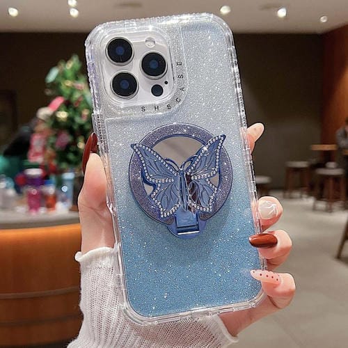 Funda para Teléfono iPhone 14 Pro con Soporte Mariposa Espejo Purpurina Magsafe (Azul)