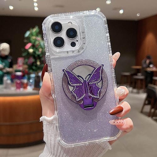 Funda para Teléfono iPhone 14 Pro con Soporte Mariposa Espejo Purpurina y Magsafe (Morado)