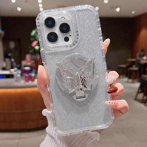 Funda para Teléfono iPhone 14 Pro con Soporte de Mariposa Espejo Purpurina y Magsafe (Plateada)