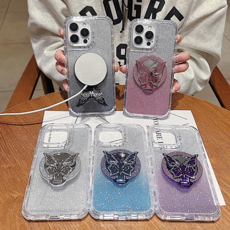 Funda para Teléfono iPhone 15 Plus Soporte Mariposa Espejo Purpurina Magsafe (Plateada)