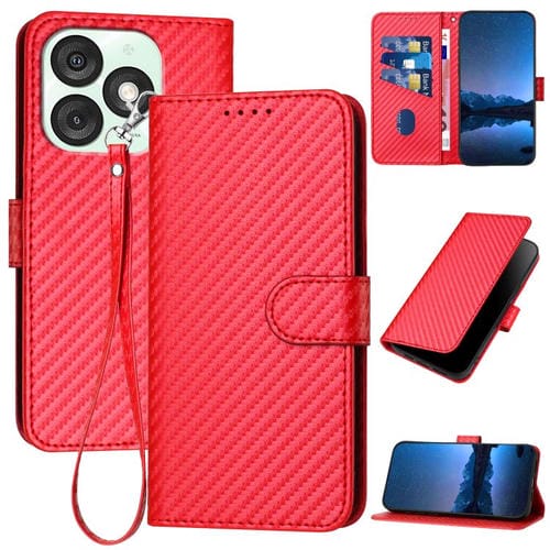 Funda de Cuero con Hebilla de Fibra de Carbono para Teléfono Itel A50 Yx0070 con Cordón (Rojo)