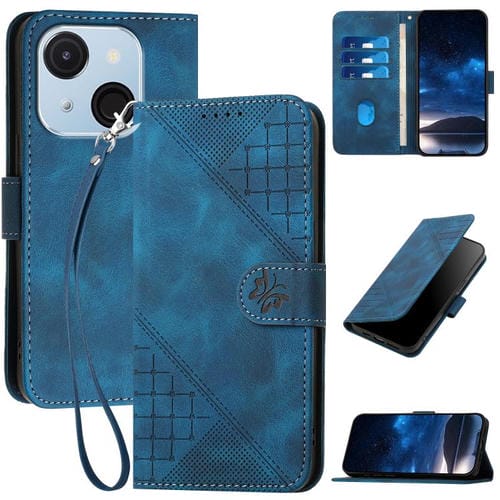 Funda de Cuero Itel A50C con Diseño de Mariposas en Relieve y Cordón (Azul Oscuro)