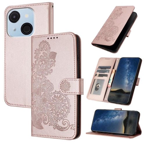 Funda de Cuero con Tapa para Itel A50C Diseño Flor de Datura En Relieve (Oro Rosa)