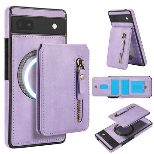 Funda de Cuero con Tapa Trasera Magsafe Dividida y Cremallera para Google Pixel 6 (Morado)
