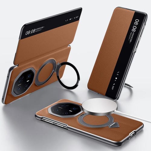 Funda de Cuero para Huawei Mate 70 Rs Ultimate con Soporte Magnético Magsafe y Ventana Inteligente (Marrón)