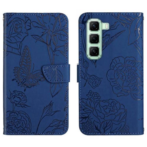 Funda de Cuero con Tapa y Diseño de Mariposas En Relieve para Infinix Hot 50 Pro 4G (Azul)