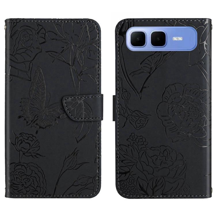 Funda de cuero con tapa y diseño de mariposas en relieve para Infinix Smart 10 Plus 4G (negra)