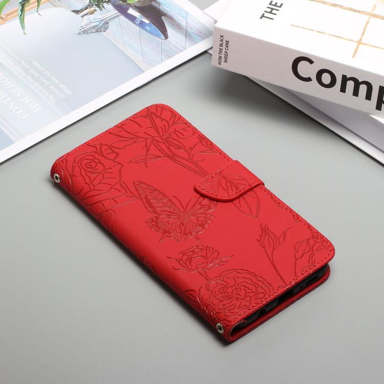 Funda de cuero con tapa y diseño de mariposas en relieve para Infinix Smart 10 Plus 4G (roja)