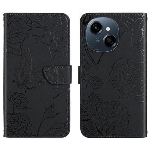 Funda de Cuero con Tapa y Mariposas En Relieve para Tecno Pop 9 4G Spark Go 2025 4G (Negra)