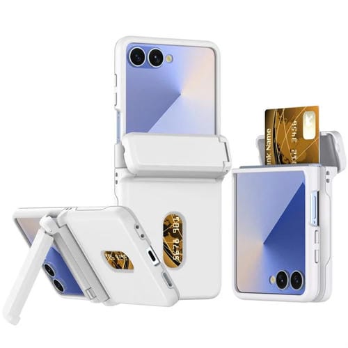Funda plegable de PC con soporte y ranura para tarjeta y cadena de goma para Samsung Galaxy Z Flip7 5G (blanca)