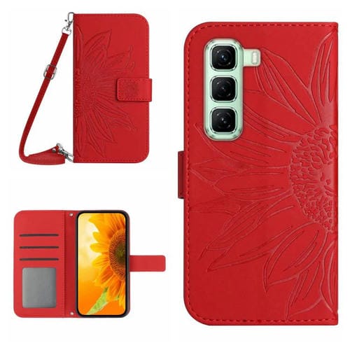 Funda de Cuero con Tapa y Cordón para Infinix Hot 50 Pro 4G con Diseño de Girasol (Rojo)