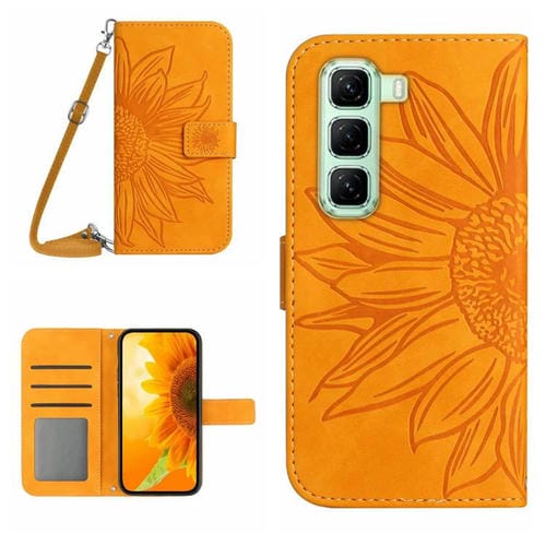 Funda de Cuero con Tapa para Infinix Hot 50 5G Diseño Girasol en Relieve y Cordón (Amarillo)