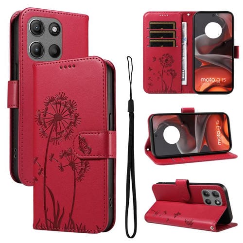 Funda de Cuero con Tapa para Motorola Moto G15 con Diseño de Diente de León (Rojo)