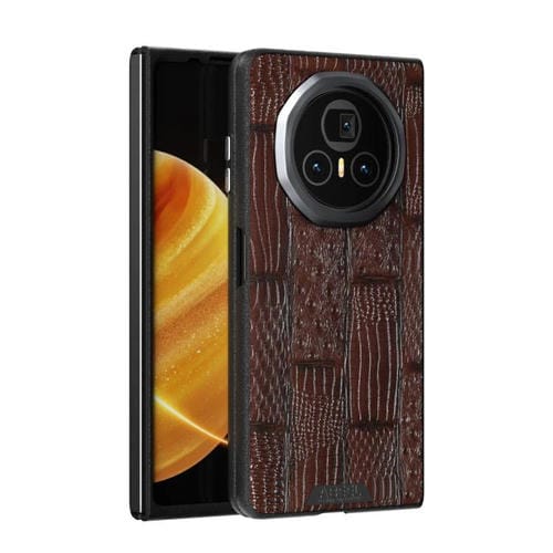 Funda de Cuero Genuino Magsafe para Honor Magic V3 con Micrograbado 6D Abeel Beast Pattern (Marrón)