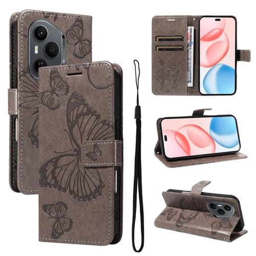 Funda de cuero con tapa y diseño de mariposa en relieve 3D para Honor 400 Pro Global (160,8 mm) (gris)