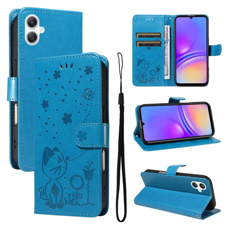 Funda de piel con tapa y diseño de gato y abeja para Samsung Galaxy A07 5G (azul)