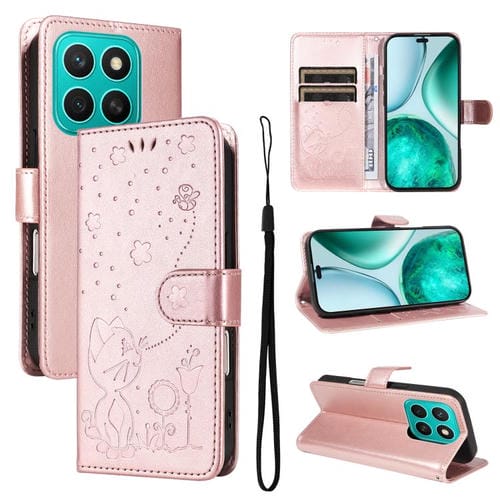 Funda de Cuero con Tapa para Honor X8C 4G Global Diseño de Gato y Abeja (Oro Rosa)