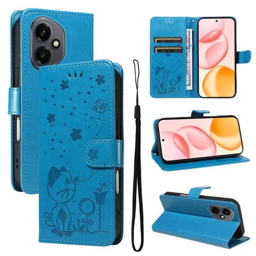 Funda de cuero con tapa y diseño de gato y abeja para Honor 400 Global (156,5 mm) (azul)