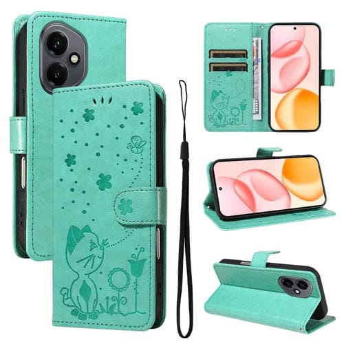 Funda de cuero con tapa para teléfono Honor 400 Global de 156,5 mm con diseño de gato y abeja (verde)