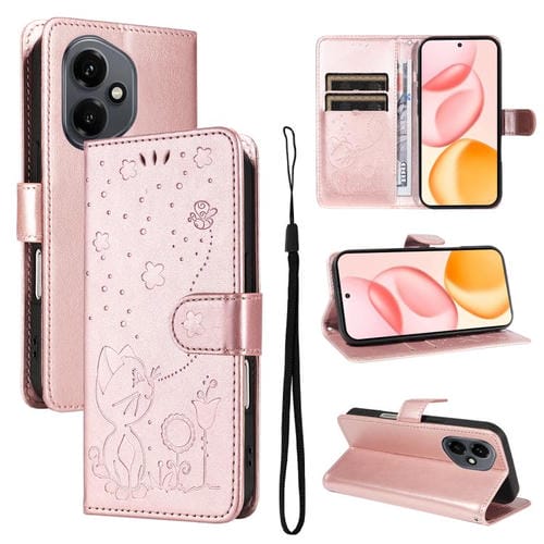 Funda de cuero con tapa para teléfono Honor 400 Global de 156,5 mm con diseño de gato y abeja (oro rosa)