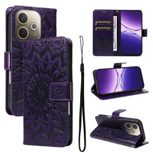 Funda de Cuero con Tapa y Estampado de Girasoles En Relieve para Oppo A5 Pro 5G (Morado)