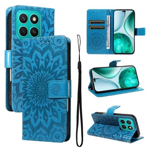 Funda de Cuero con Tapa y Estampado de Girasoles en Relieve para Honor X8C 4G (Azul)