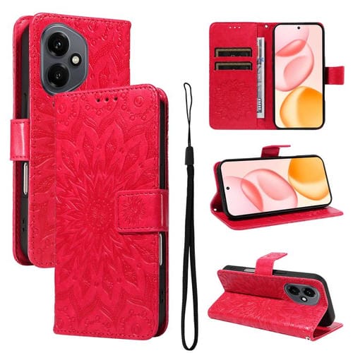 Funda de cuero con tapa y estampado de girasoles en relieve para Honor 400 Global (156,5 mm) (Rojo)