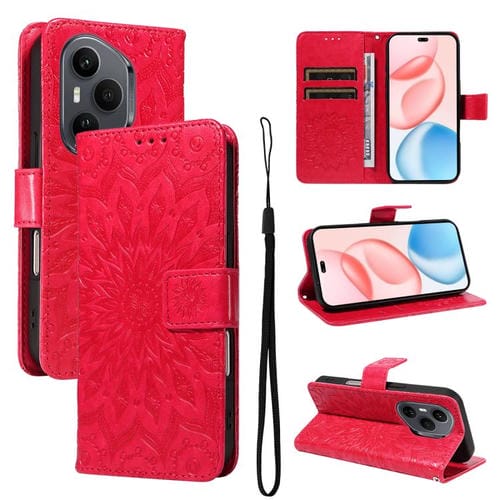 Funda de cuero con tapa y estampado de girasoles en relieve para Honor 400 Pro Global (160,8 mm) (Rojo)