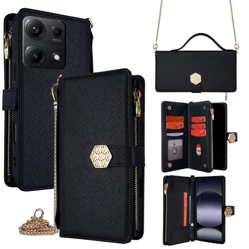 Funda de cuero con textura cruzada y asa cruzada para Redmi Note 14S 4G (negro)