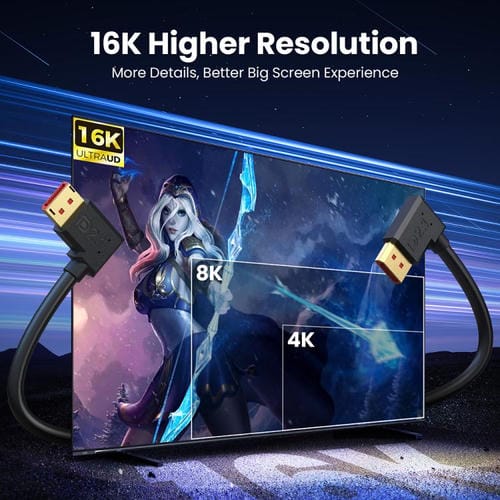 Cable Adaptador Extensión DisplayPort DP2.1 a DP2.1 Codo Superior 52 Gbps 16K 30 Hz 1,8 m (Negro)