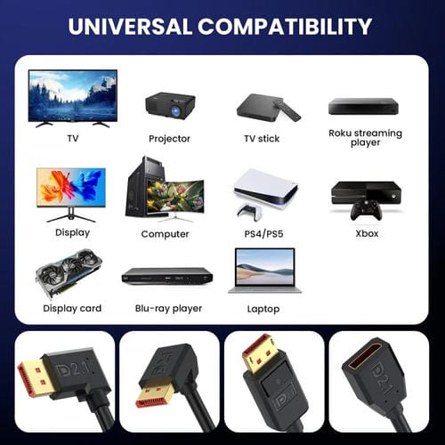 Cable Adaptador Extensión DisplayPort DP2.1 a DP2.1 Codo Superior 52 Gbps 16K 30 Hz 1,8 m (Negro)