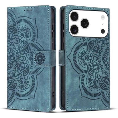 Funda de cuero retro esmerilado con diseño de mandala en relieve para iPhone 17 Pro (azul)