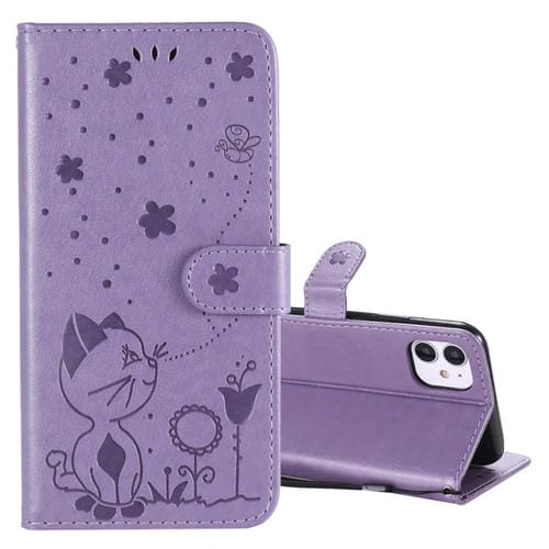 Funda de Cuero iPhone 11 Cat Bee PatrĂłn En Relieve Tapa Horizontal Soporte Ranuras para Tarjetas Billetera (PĂșrpura)