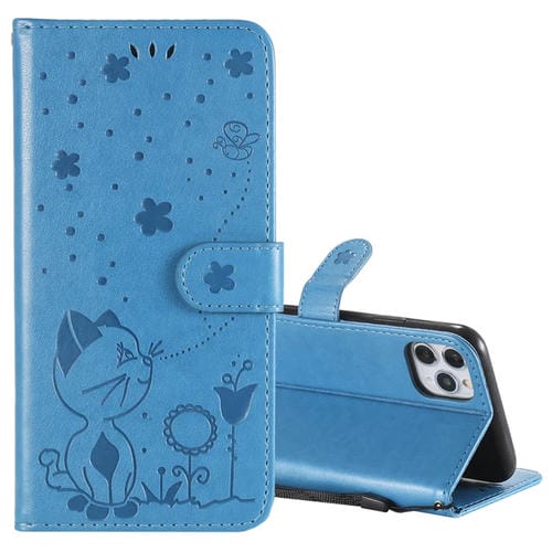 Funda de Cuero iPhone 11 Pro Max Cat Bee PatrĂłn En Relieve Tapa Horizontal Soporte Ranuras Tarjetas Billetera (Azul)