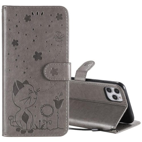 Funda de Cuero iPhone 11 Pro Max Cat Bee PatrĂłn En Relieve Tapa Horizontal Soporte Ranuras Billetera (Gris)