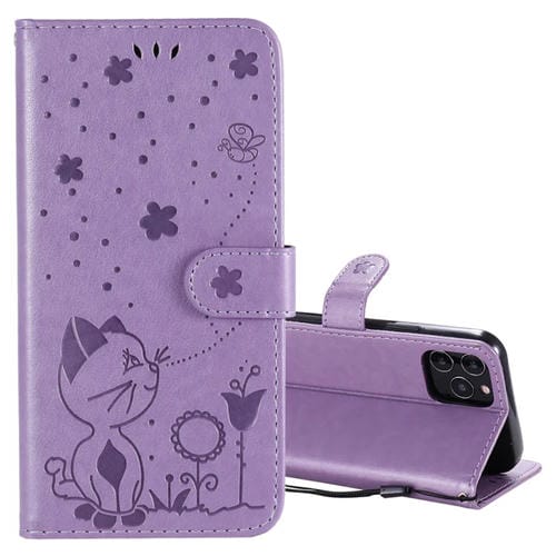 Funda de Cuero Cat Bee para iPhone 12/12 Pro con Tapa Horizontal, Soporte, Ranuras para Tarjetas y Billetera (Púrpura)