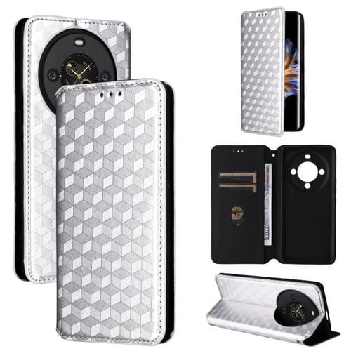 Funda de cuero con tapa y textura de cuadrícula cúbica para Fossibot S3 Pro (plateada)