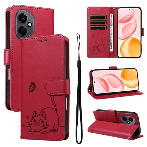 Funda de cuero con tapa y estampado de gato adorable para Honor 400 Global (156,5 mm) (Rojo)