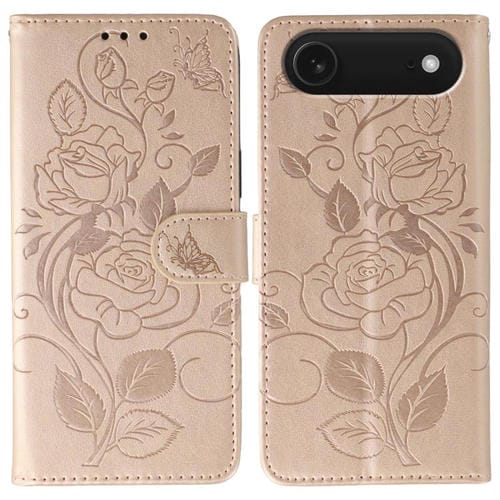 Funda de cuero con relieve de mariposa rosa para iPhone 17 Air (oro rosa)