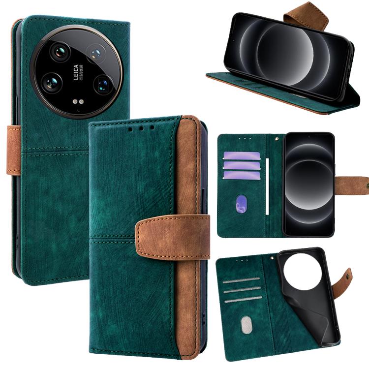 Funda de cuero con costuras de color y bloqueo RFID para Xiaomi 14 Ultra (verde)