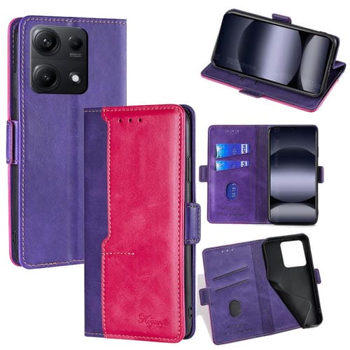Funda de cuero con hebilla lateral en color de contraste para Redmi Note 14S 4G (morado y rojo rosa)