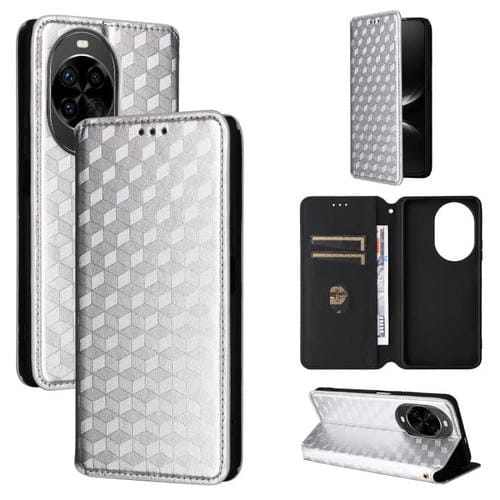 Funda de cuero con tapa y textura de cuadrícula cúbica para Huawei Nova 14 Ultra 5G (plateada)