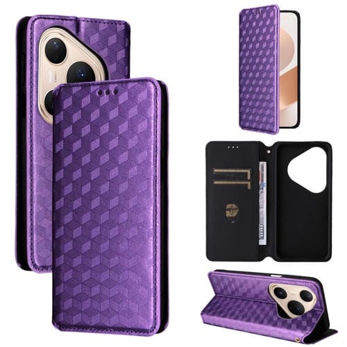 Funda de cuero con tapa y textura de cuadrícula cúbica para Huawei Pura 80 Pro 5G / 80 Pro+ 5G (morada)