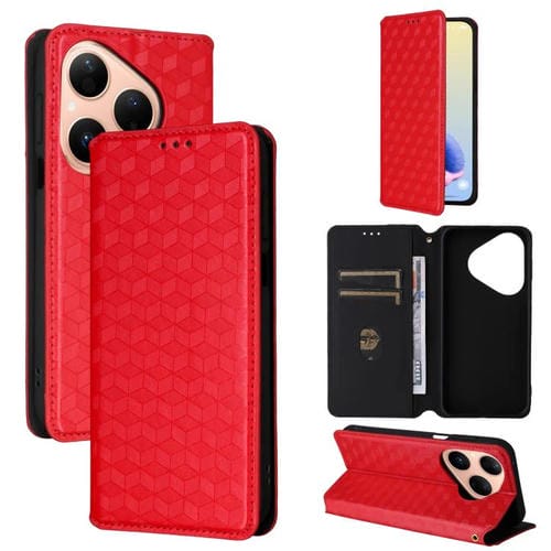 Funda de cuero con tapa y textura de cuadrícula cúbica para Huawei Pura 80 5G (roja)