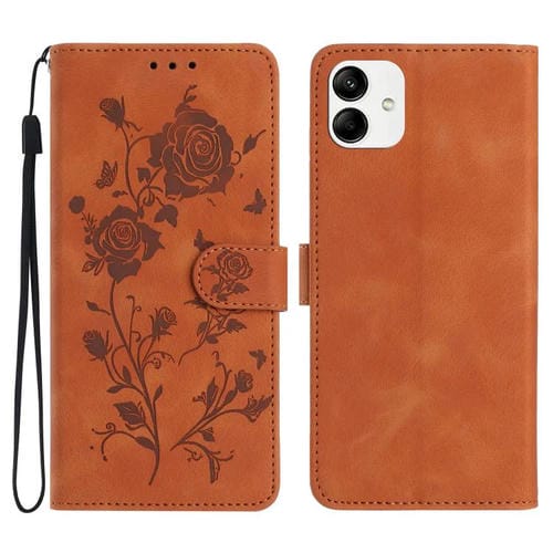 Funda de cuero con estampado de rosas en relieve para Samsung Galaxy A04e (marrón)